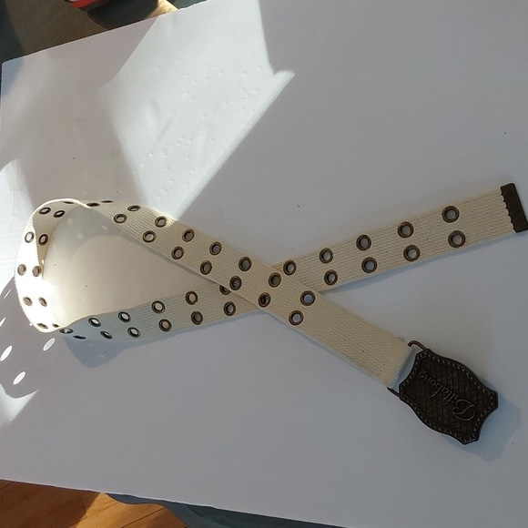 Vintage Billabong Cream Canvas Double Grommet Belt  Bronze Billabong Buckle L/XL - Picture 3 of 5